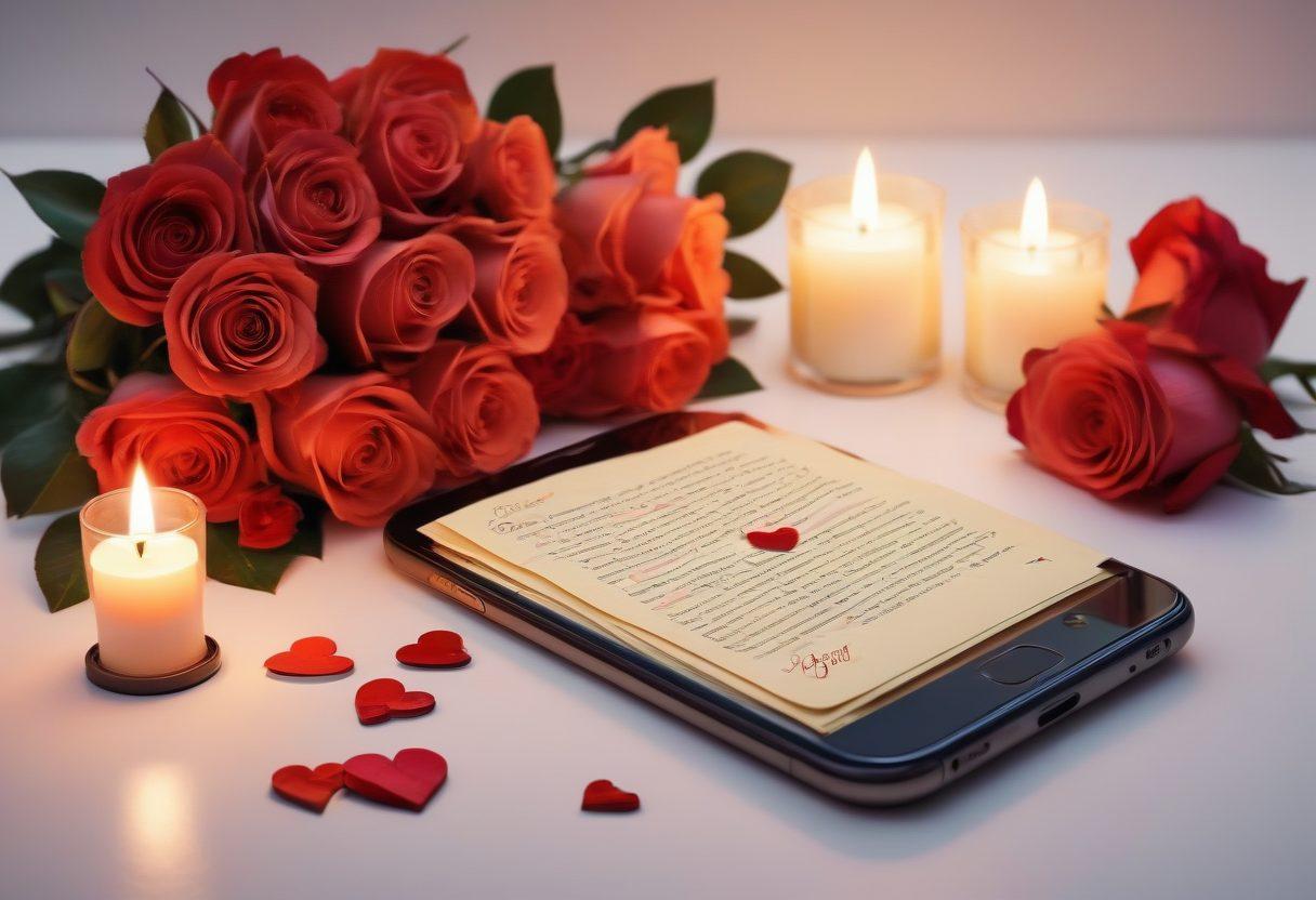 A harmonious blend of vintage romance and modern technology: an old-fashioned love letter morphing into a smartphone with dating apps, surrounded by soft candlelight, roses, and glowing hearts. Emphasize the contrast between classic charm and contemporary elements. super-realistic. vibrant colors. white background.