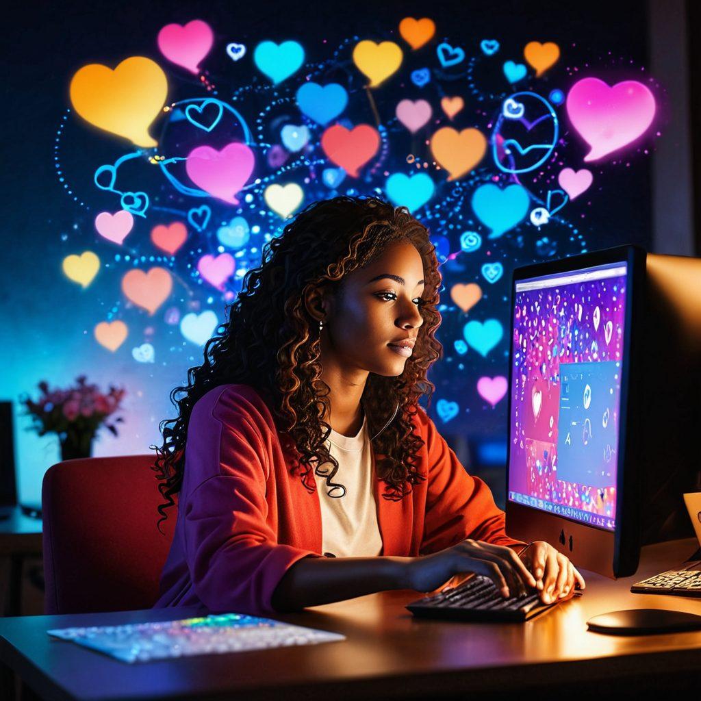 A confident figure seated at a computer, engaging warmly through a screen with hearts and chat bubbles floating around. Surround them, an ethereal digital aura intertwines with technology symbols representing connection and emotions. Bright and warm colors uplift the scene, making it inviting and romantic. painting. vibrant colors.
